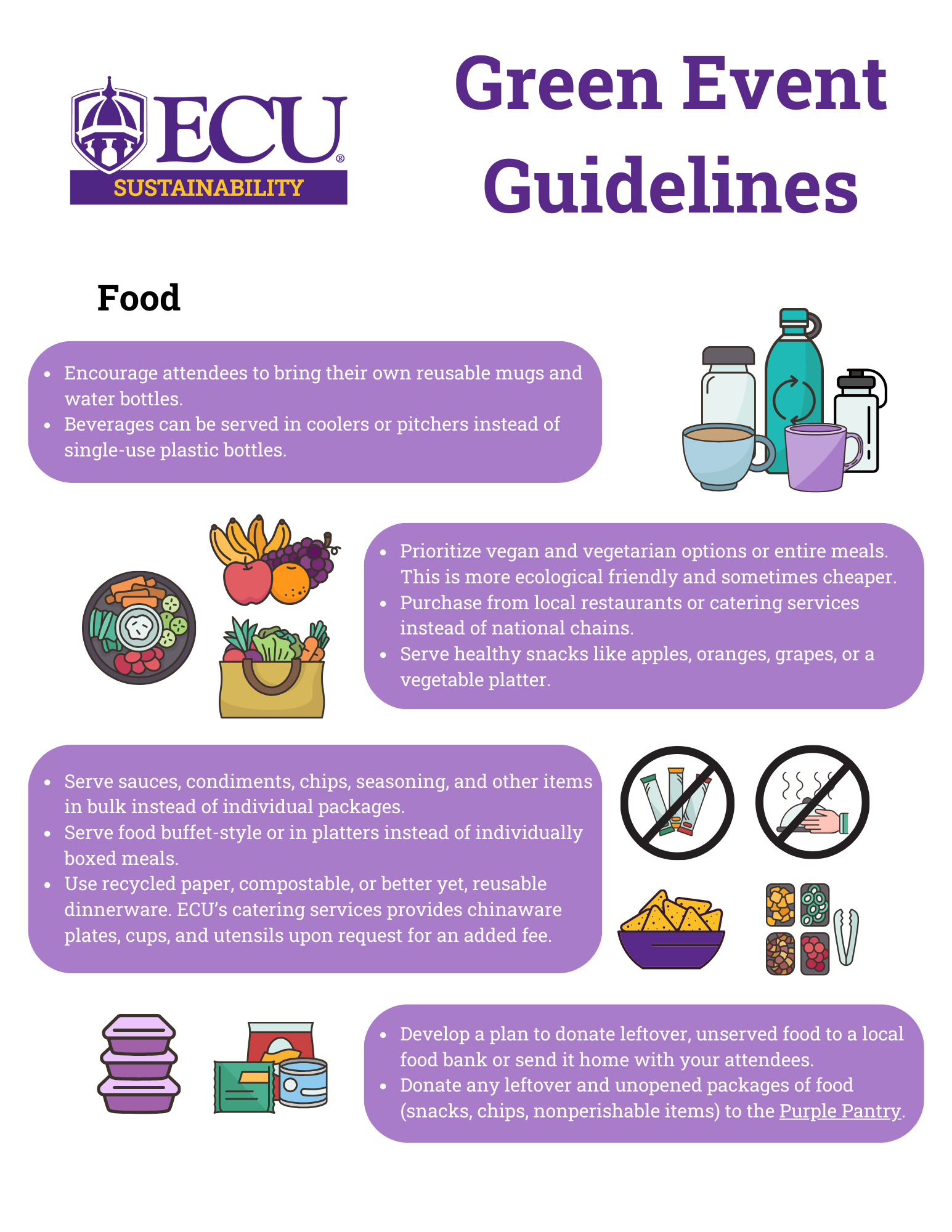 Green Event Guidelines pg. 1 Food: Encourage attendees to bring their own reusable mugs and water bottles. Beverages can be served in coolers or pitchers instead of single-use plastic bottles. Prioritize vegan and vegetarian options or entire meals. This is more ecological friendly and sometimes cheaper. Purchase from local restaurants or catering services instead of national chains. Serve healthy snacks like apples, oranges, grapes, or a vegetable platter. Serve sauces, condiments, chips, seasoning, and other items in bulk instead of individual packages. Serve food buffet-style or in platters instead of individually boxed meals. Use recycled paper, compostable, or better yet, reusable dinnerware. ECU’s catering services provides chinaware plates, cups, and utensils upon request for an added fee. Develop a plan to donate leftover, unserved food to a local food bank or send it home with your attendees. Donate any leftover and unopened packages of food (snacks, chips, nonperishable items) to the Purple Pantry.