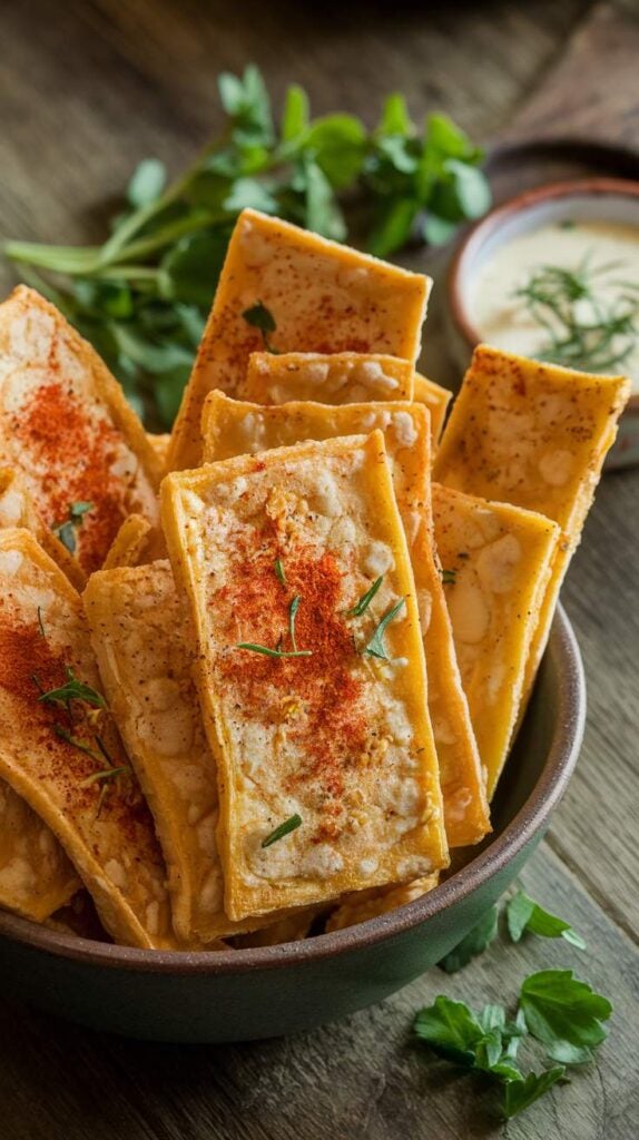 Slices of crispy tofu with paprika and herbs