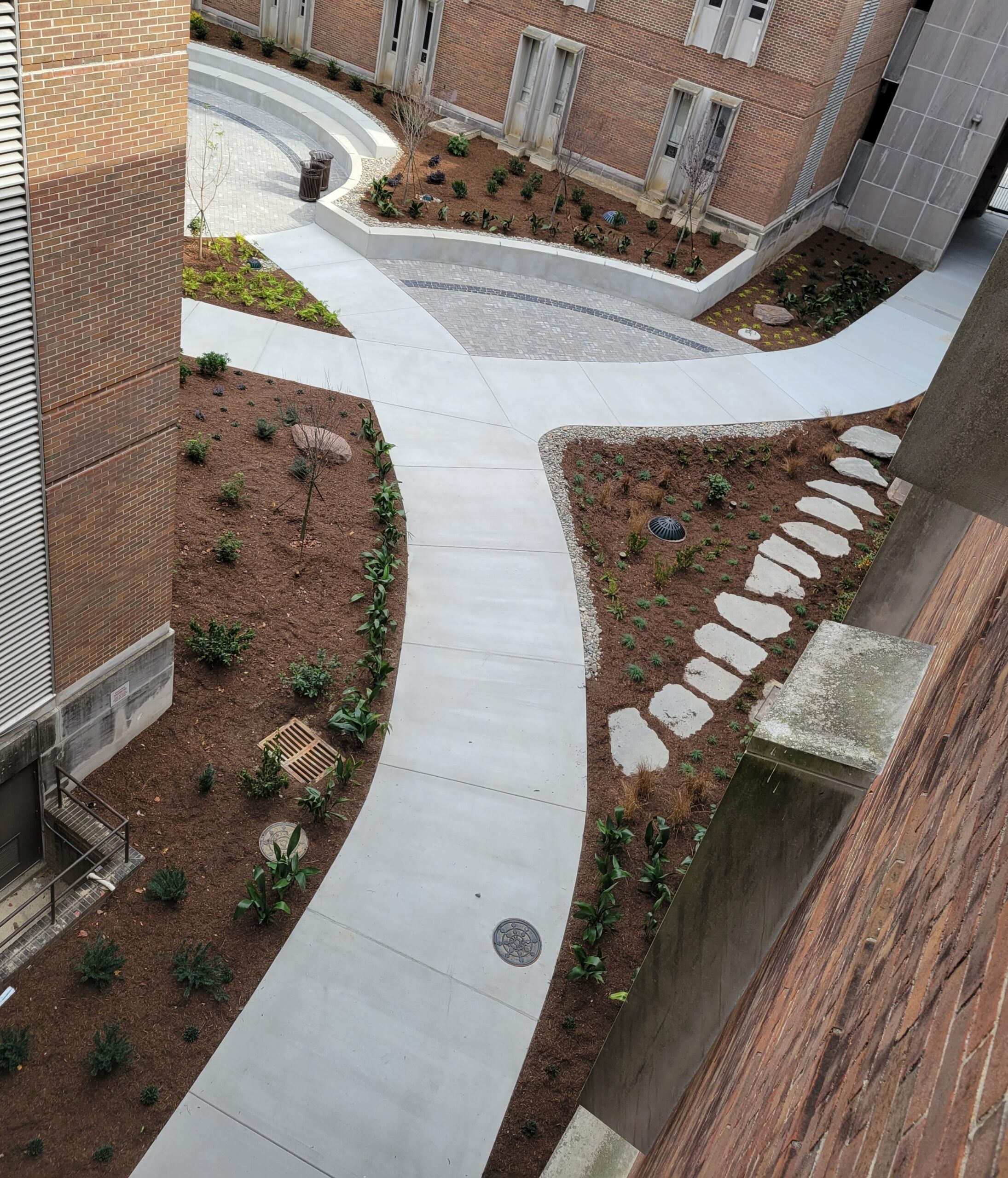 a view from the Brewster Courtyard from above, showing how much permeable surface there is now