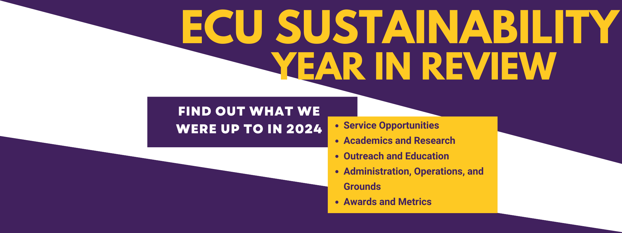 ECU Sustainability year in review: find out what we were up to in 2024 Service Opportunities Academics and Research Outreach and Education Administration, Operations, and Grounds Awards and Metrics