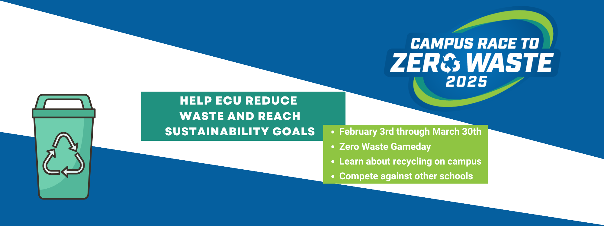 Campus race to zero waste Help ECU reduce waste and reach sustainability goals February 3rd through March 30th Zero Waste Gameday Learn about recycling on campus Compete against other schools