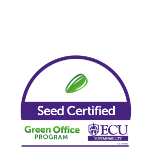 a logo with a seed saying "Seed Certified Green Office Program" with the ECU Sustainability logo