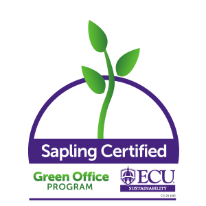 Logo with a plant and the text "Sapling Certified Green Office Program" with the ECU Sustainability logo