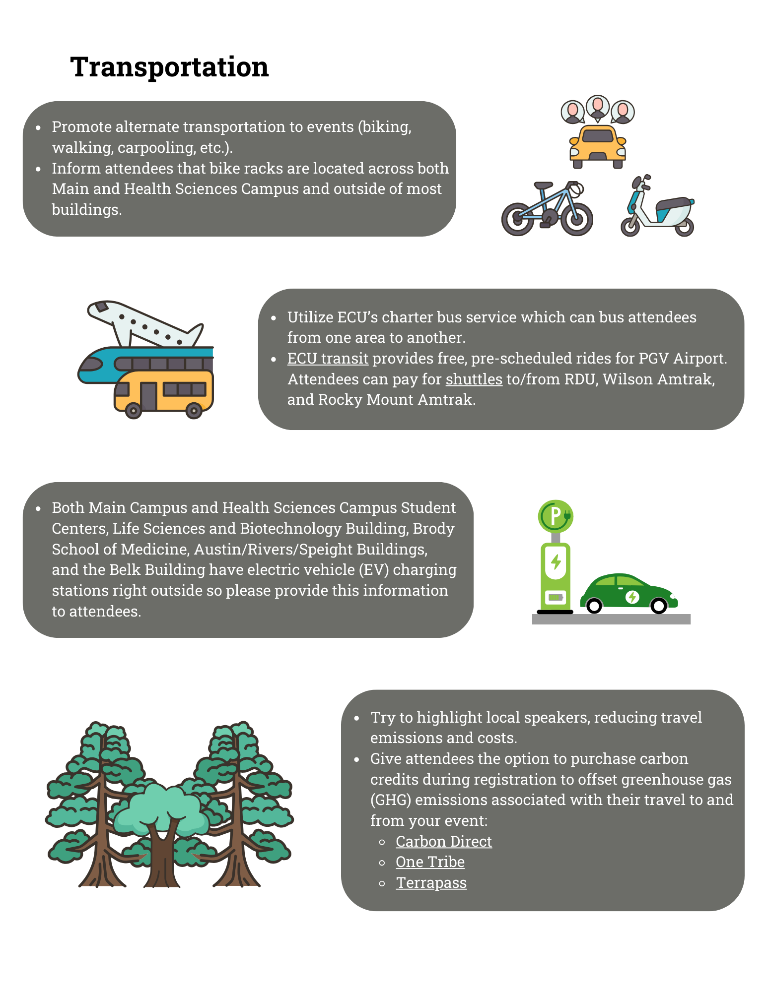 Green Event Guidelines pg. 3 Transportation: Promote alternate transportation to events (biking, walking, carpooling, etc.). Inform attendees that bike racks are located across both Main and Health Sciences Campus and outside of most buildings. Utilize ECU’s charter bus service which can bus attendees from one area to another. ECU transit provides free, pre-scheduled rides for PGV Airport. Attendees can pay for shuttles to/from RDU, Wilson Amtrak, and Rocky Mount Amtrak. Both Main Campus and Health Sciences Campus Student Centers, Life Sciences and Biotechnology Building, Brody School of Medicine, Austin/Rivers/Speight Buildings, and the Belk Building have electric vehicle (EV) charging stations right outside so please provide this information to attendees. Try to highlight local speakers, reducing travel emissions and costs. Give attendees the option to purchase carbon credits during registration to offset greenhouse gas (GHG) emissions associated with their travel to and from your event: Carbon Direct One Tribe Terrapass