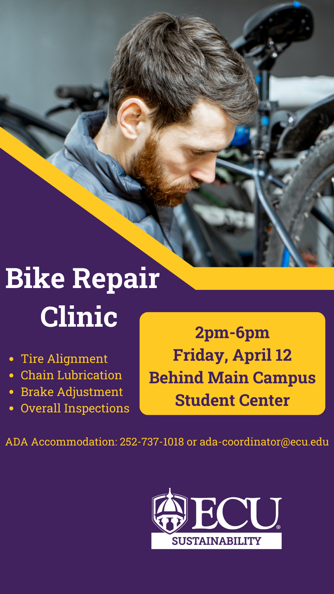 Bike Repair Clinic April 12 2-6pm behind Main Campus Student Center