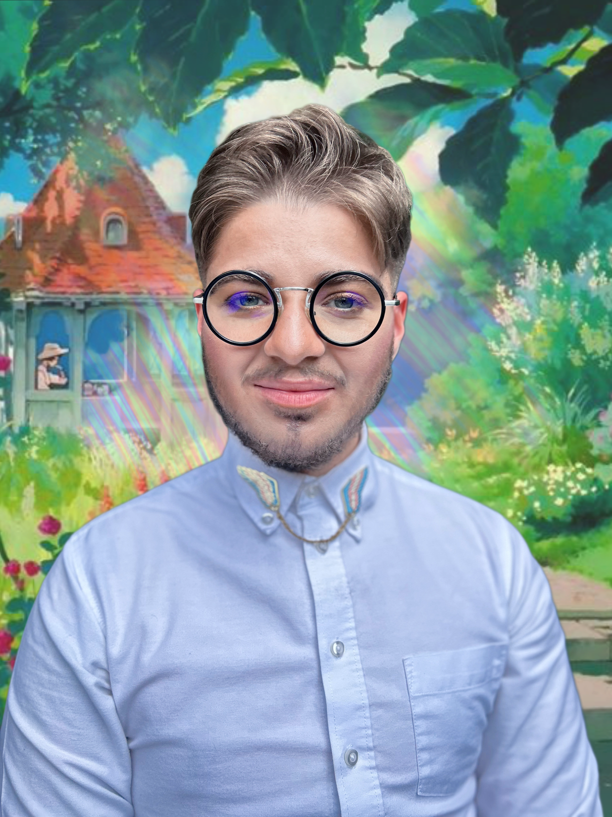 Photo of Soph Myers-Kelley in front of a painting of a garden and cabin