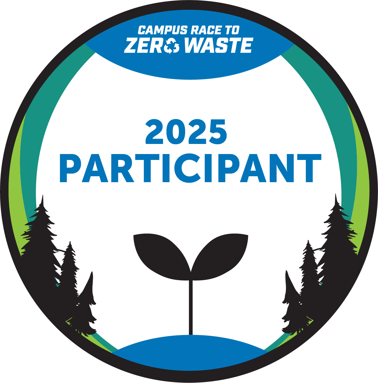 A badge that says "Campus Race to Zero Waste 2025 Participant" with a green and blue border and silhouettes of trees on the sides and a little sprouting plant in the center