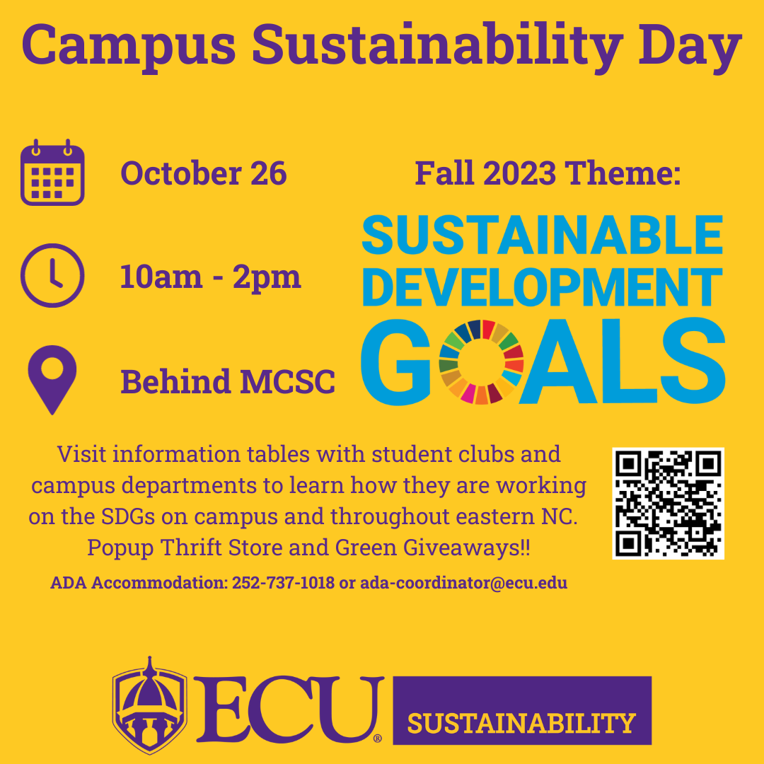 Graphic for Campus Sustainability Day happening on October 26th from 10AM to 2PM behind the main campus student center.