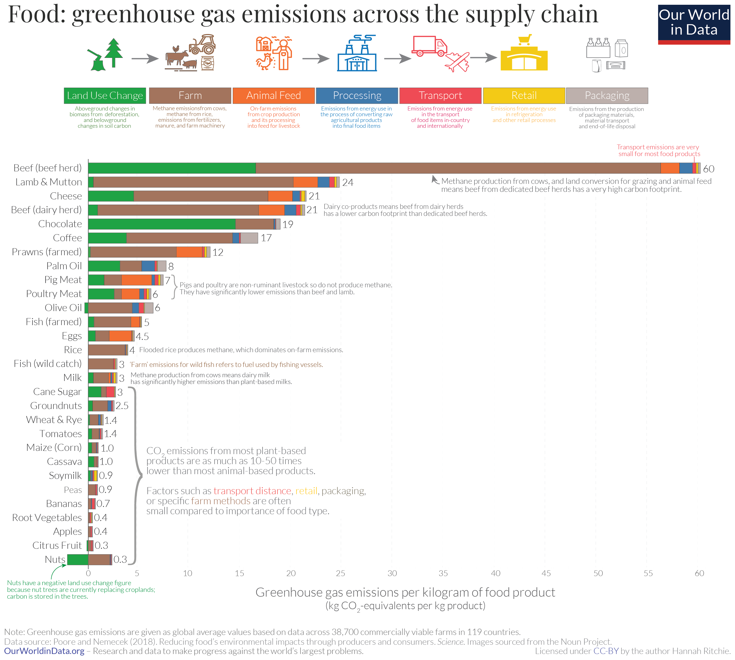 A bar graph showing that animal products produce much more carbon than plant-based products throughout the entire supply chain.