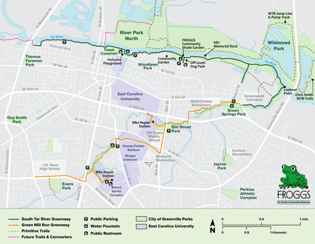 A map of Greenville's greenways made by Friends of Greenville Greenways