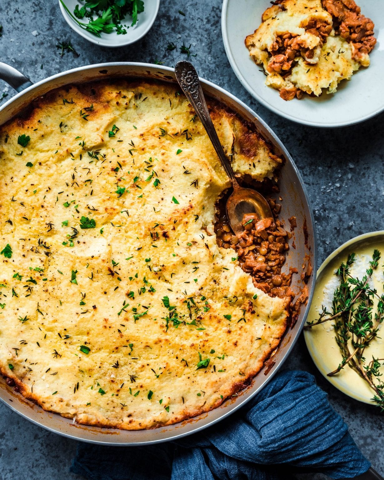 photo of a vegan lentil shepherd's pie pictured from above