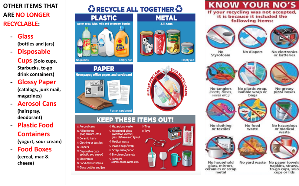 Recycling Rules for ECU and Greenville City:
For plactics, we can only recycle plastic bottles
For metal we can only recycle cans that aren't aerosol cans
For paper we can only recycle non-glossy paper and cardboard
Anything else is not recyclable on ECU's campus or in Greenville. Check Pitt County's website for information on what can be recycled outside of Greenville's city limits.