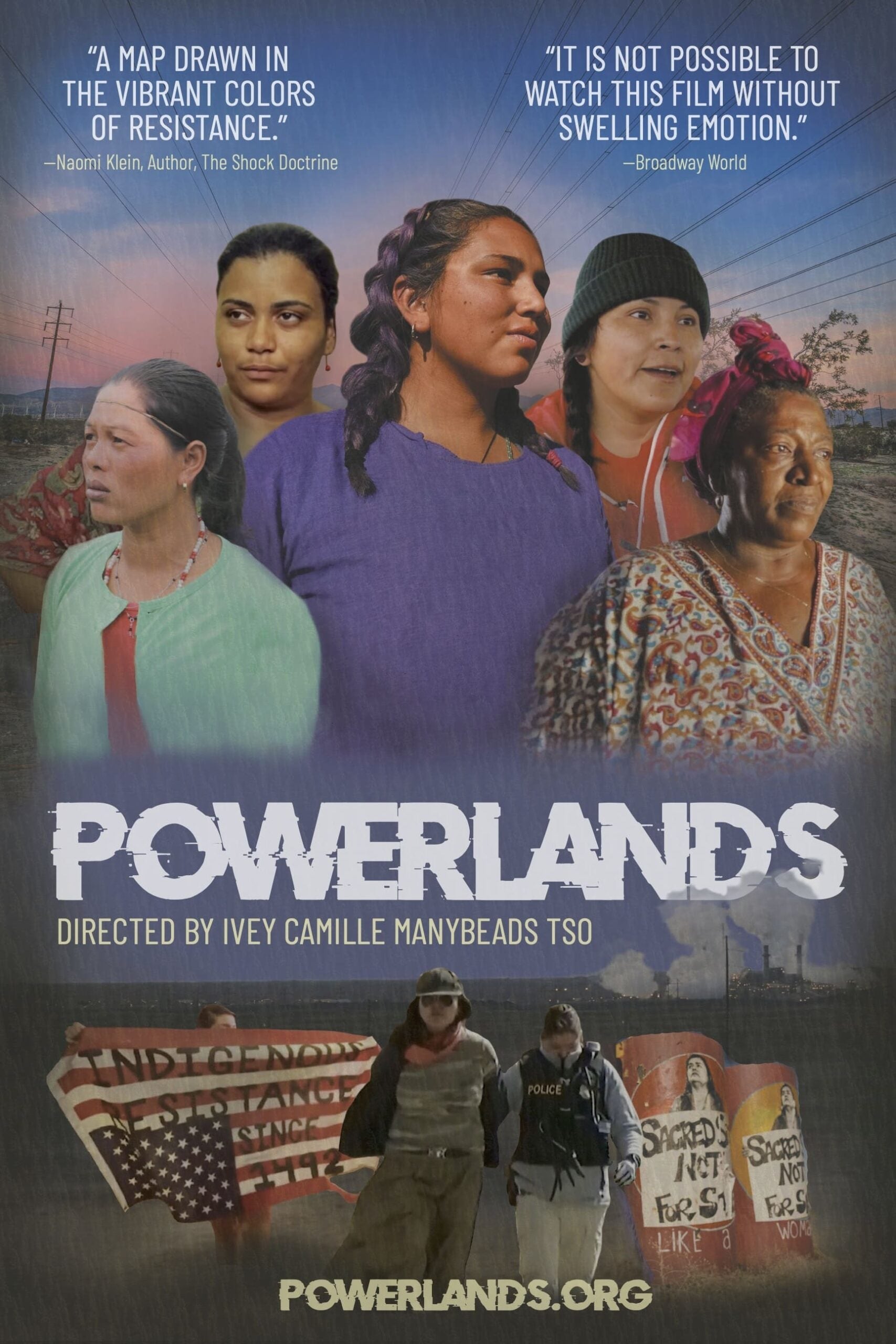 The movie poster for Powerlands which has a group of indigenous women looking determined in the top half with the title in the middle and photos of climate protests on the bottom half