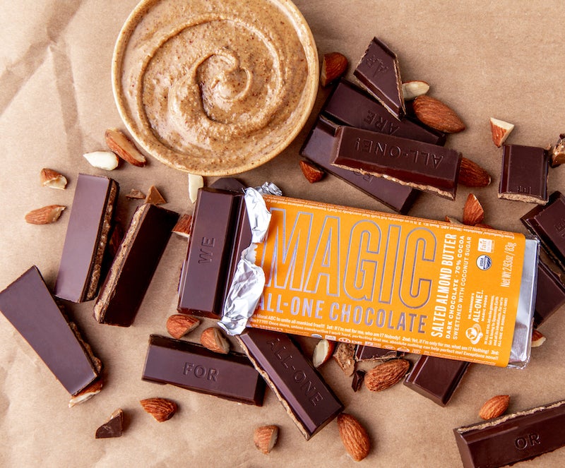 a Dr. Bronner's chocolate bar broken into pieces