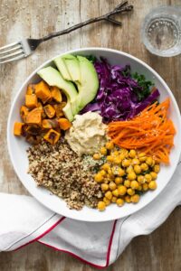 Buddha bowl with quinoa, chickpeas, avocado, carrots, red cabbage, sweet potatoes, and hummus. Links to Buddha Bowl recipe