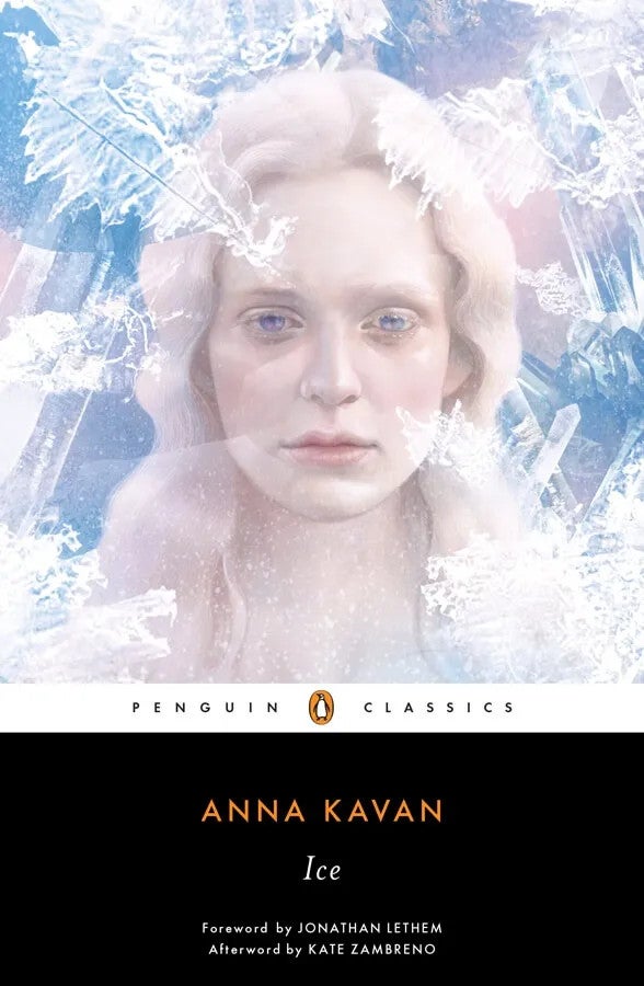 The cover of Ice by Anna Kavan, which has a pale woman with white hair and blue eyes drawn to look like she's behind a wall of ice