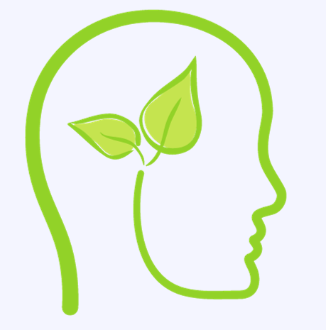 a green outline of a person's head in profile with leaves growing in the area the brain would be to illustrate "rethink"