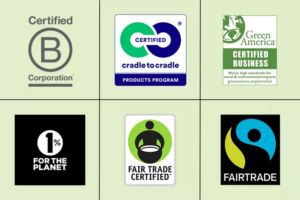 Grid of six sustainability certification logos. Certified B Corporation, Certified Cradle to Cradle Products Program, Green America Certified Business, One Percent for the Planet, Fair Trade Certified, FairTrade