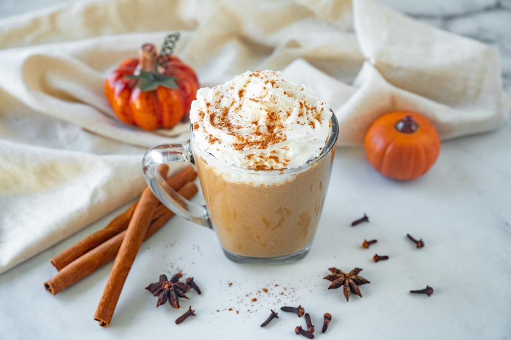 a small cup with a pumpkin spice latte, presented with whipped cream on top, cinnamon sticks and small pumpkins on the side